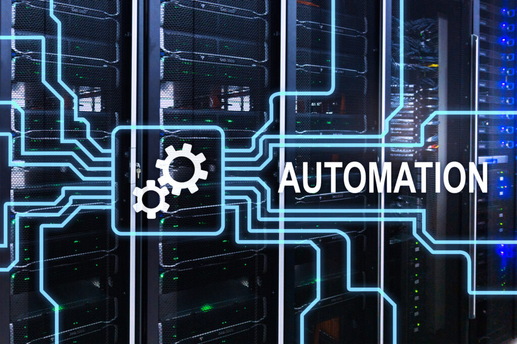 Automation of business Process and innovation technology in manufacturing. Internet and technology concept on server room background
